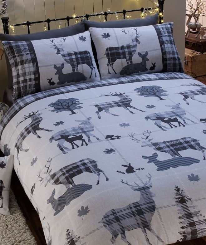 Tartan Check Stag Brushed Cotton Flannelette Duvet Cover Set, Double, Grey