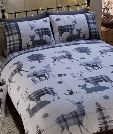 Tartan Check Stag Brushed Cotton Flannelette Duvet Cover Set, Double, Grey