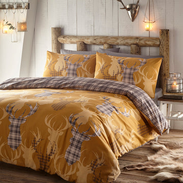 Natural Tartan Check Stag Duvet Cover Set, King, Mustard