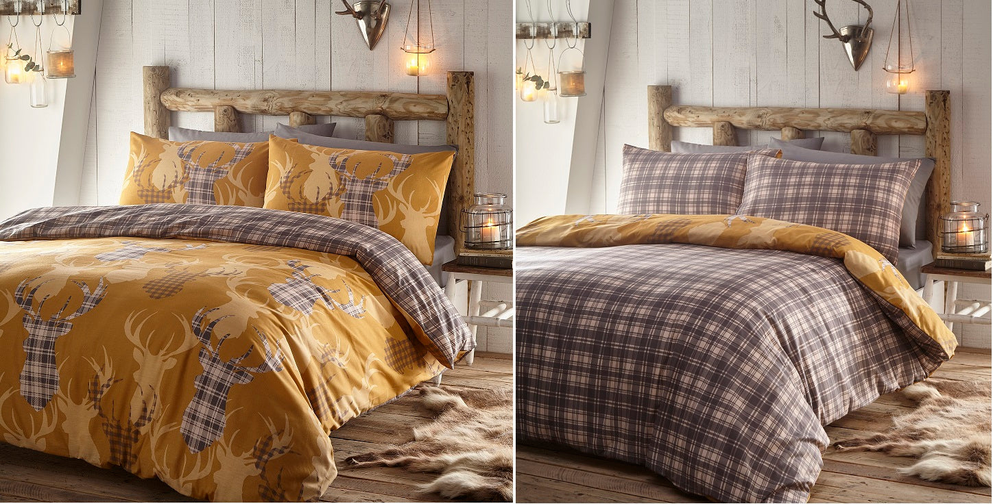 Natural Tartan Check Stag Duvet Cover Set, Double, Mustard