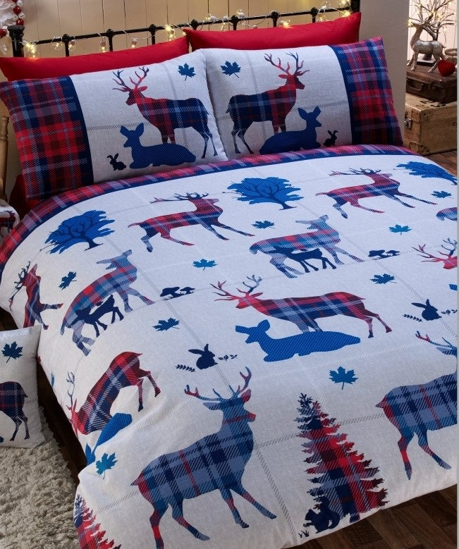 Tartan Check Stag Brushed Cotton Flannelette Duvet Cover Set, Double, Red