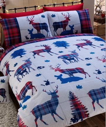 Tartan Check Stag Brushed Cotton Flannelette Duvet Cover Set, King, Red