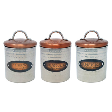 Set of 3 Stainless Steel Tea Sugar Coffee Canisters With Copper Lid