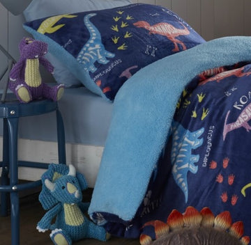 Teddy Bear Dinosaur Single Duvet Cover Set - Navy Blue