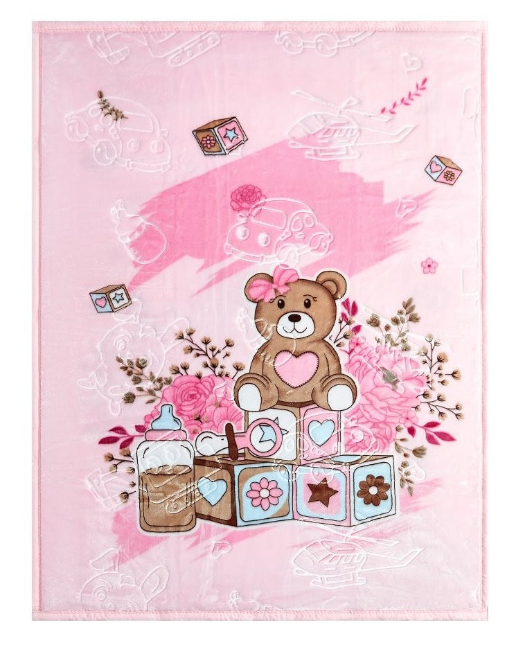 Teddy Bow Baby Girl Blanket Throw, 110x140cm - Blush Pink