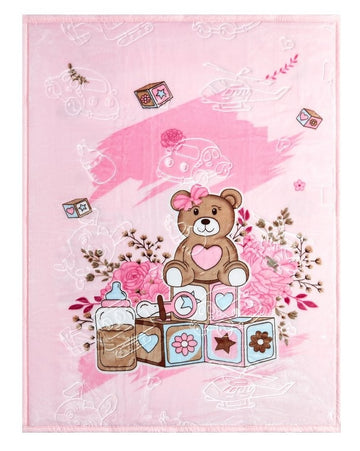 Teddy Bow Baby Girl Blanket Throw, 110x140cm - Blush Pink