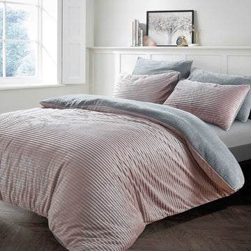 Glitter Cord Teddy Fleece Duvet Cover Set, King, Blush & Silver Grey