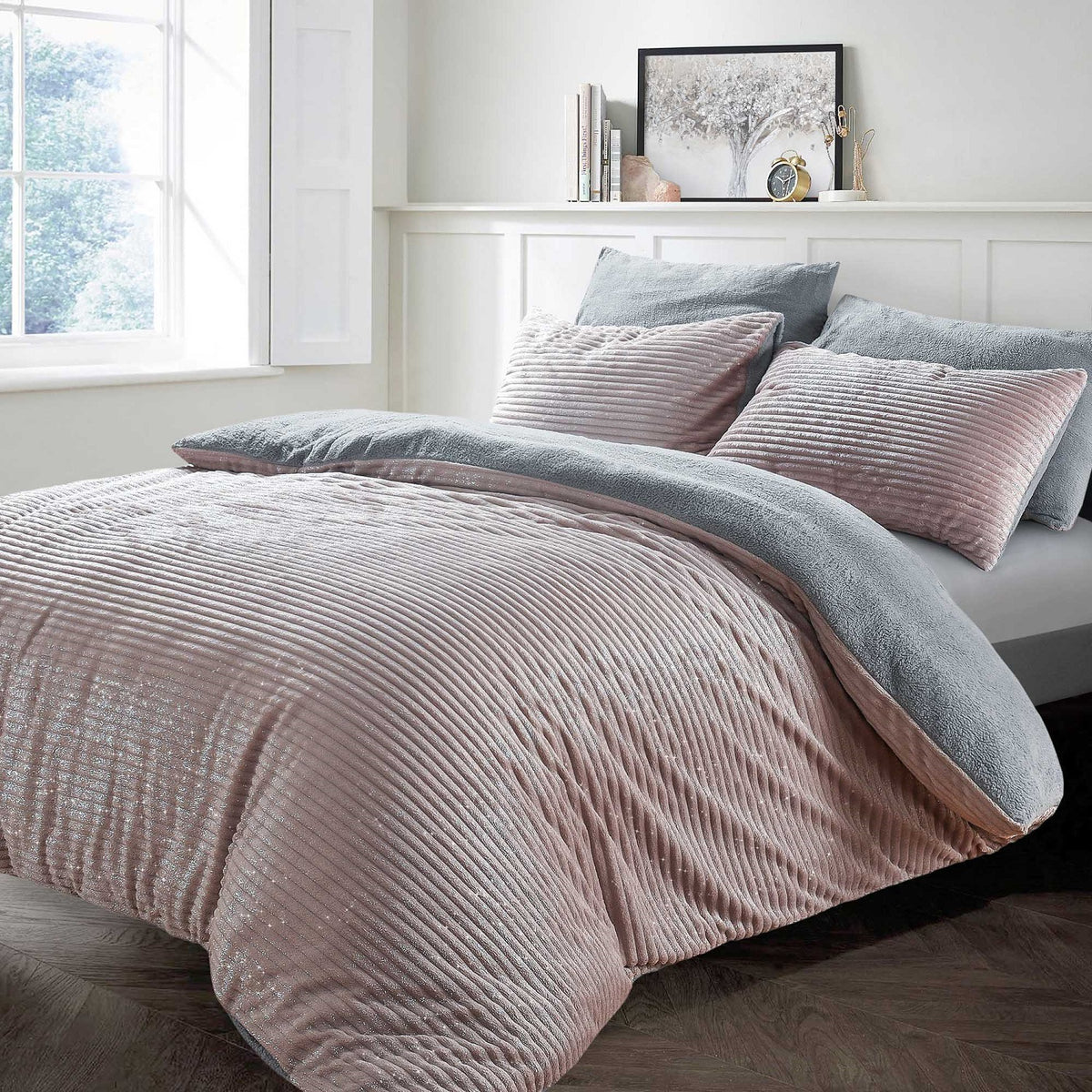 Glitter Cord Teddy Fleece Duvet Cover Set, Single, Blush & Silver Grey