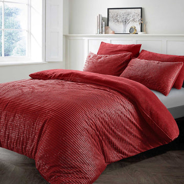 Glitter Cord Teddy Fleece Duvet Cover Set, Super King, Red