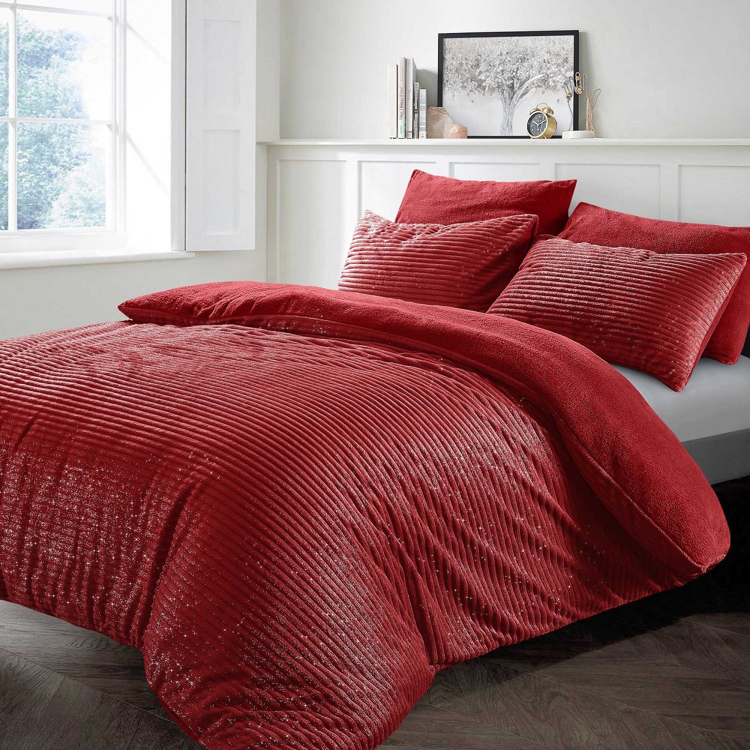 Glitter Cord Teddy Fleece Duvet Cover Set, Double, Red