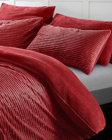 Glitter Cord Teddy Fleece Duvet Cover Set, Super King, Red