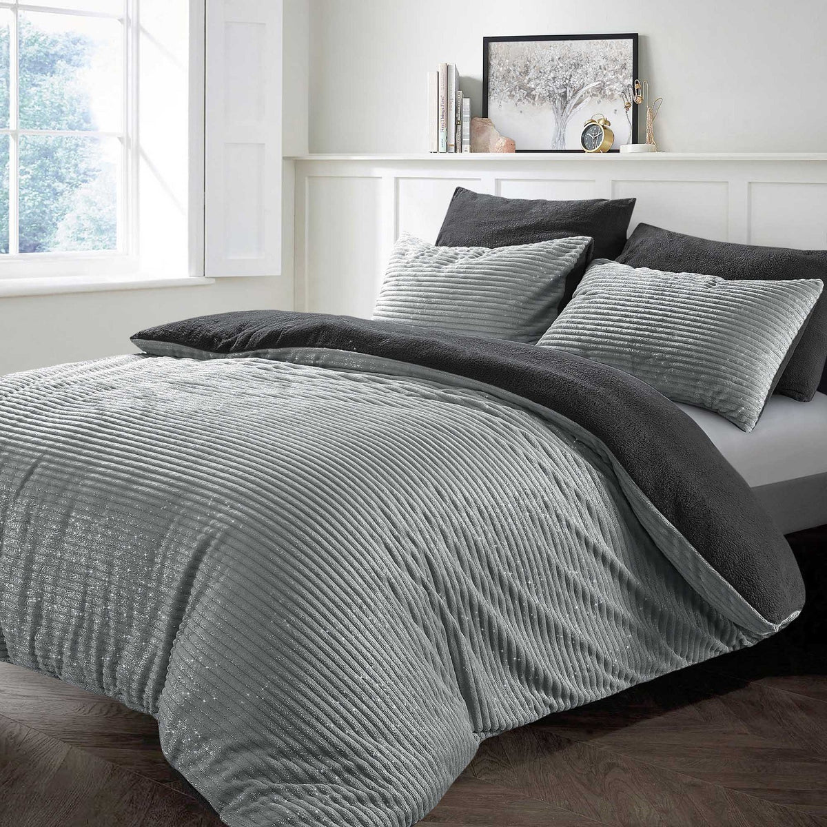Glitter Cord Teddy Fleece Duvet Cover Set, Double, Silver Grey