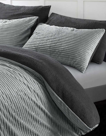 Glitter Cord Teddy Fleece Duvet Cover Set, Single, Silver Grey