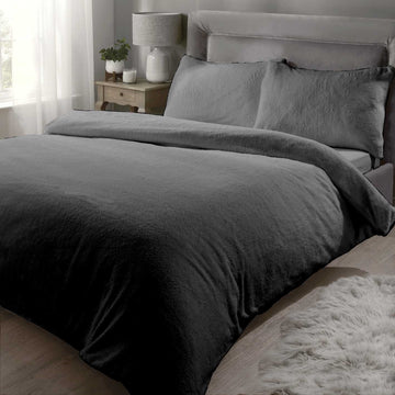 Teddy Bear Fleece Double Duvet Cover Set - Charcoal Grey