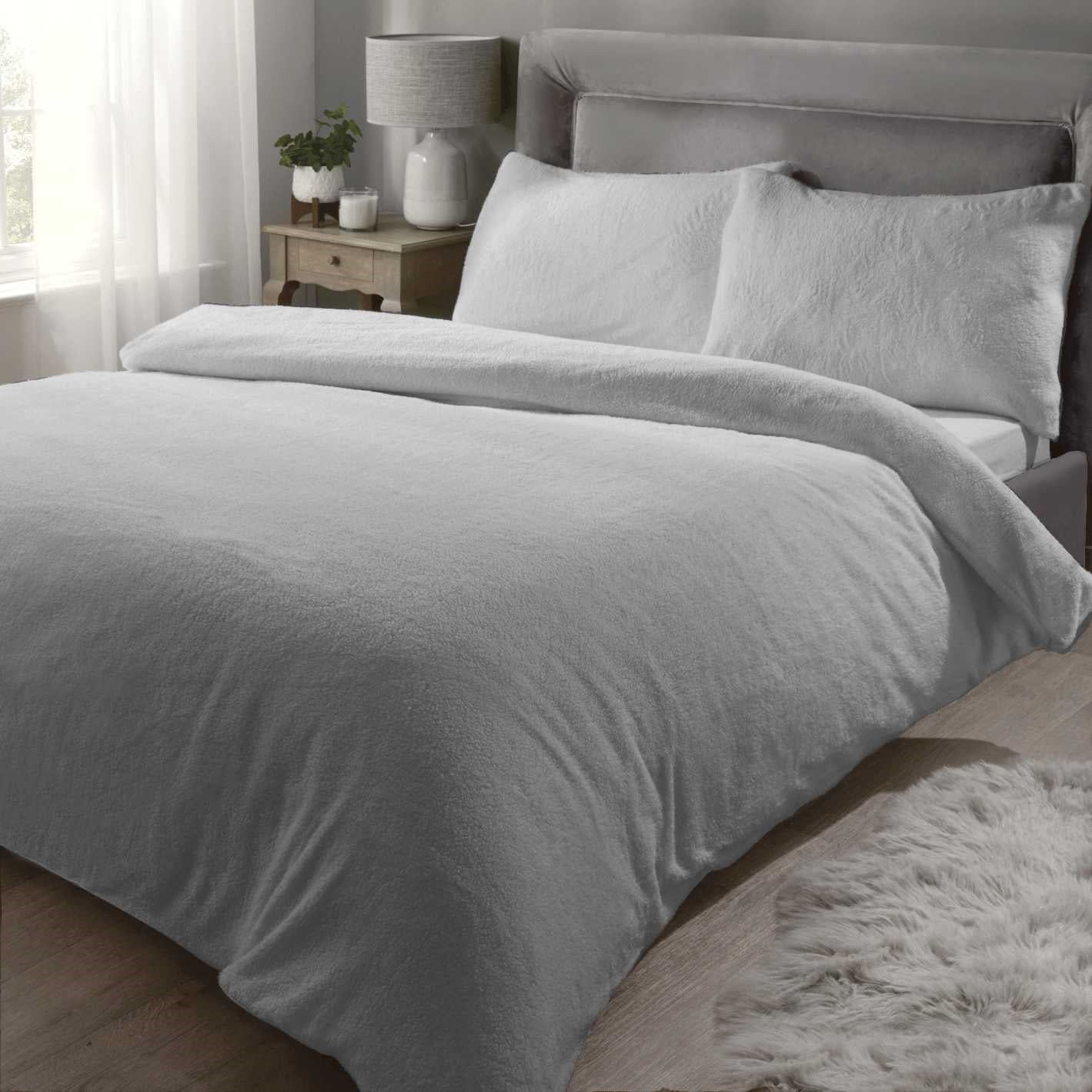 Teddy Fleece Duvet Cover Set Silver Grey Double