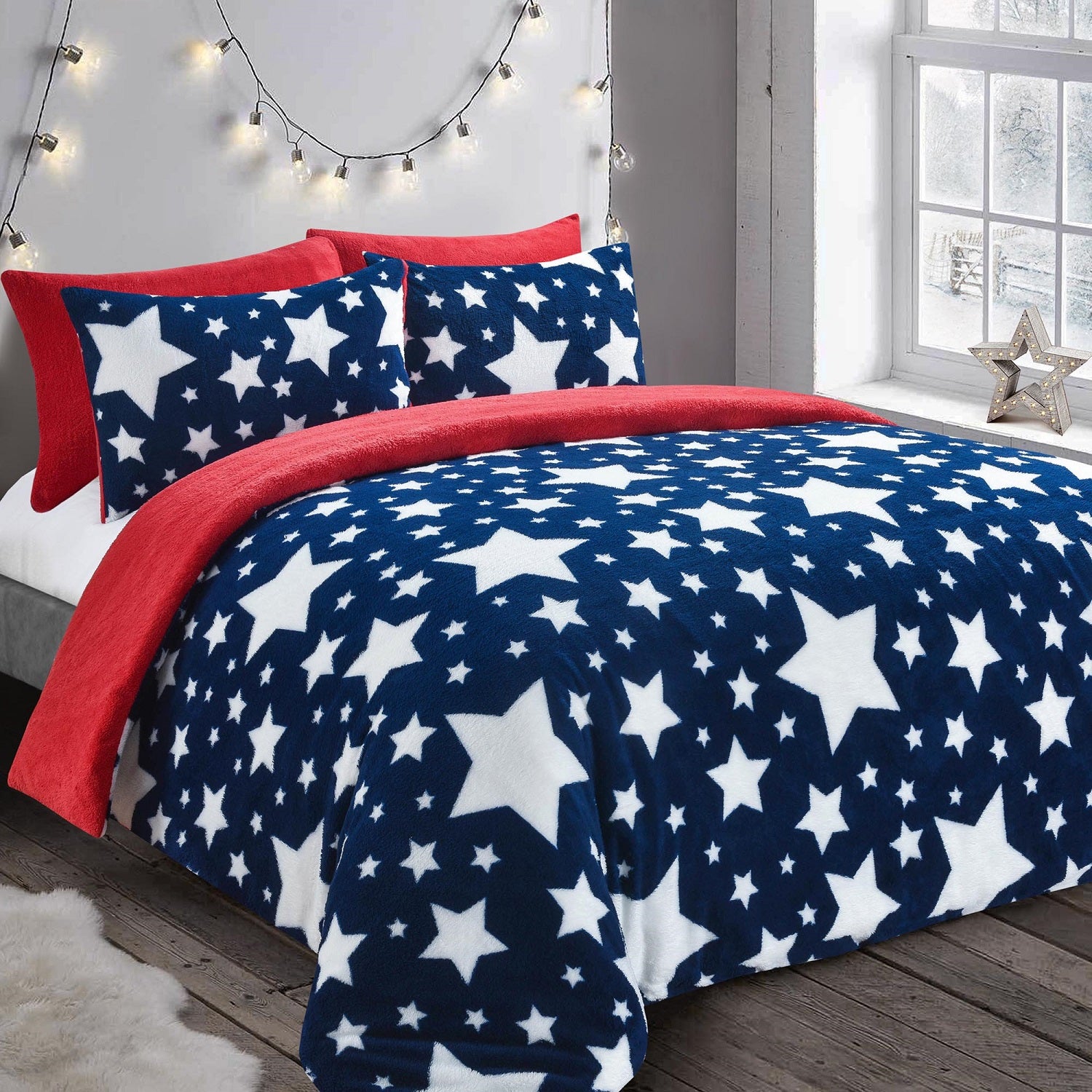 Galaxy Stars Teddy Fleece Duvet Cover Set, King, Navy & Red