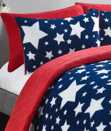 Galaxy Stars Teddy Fleece Duvet Cover Set, King, Navy & Red