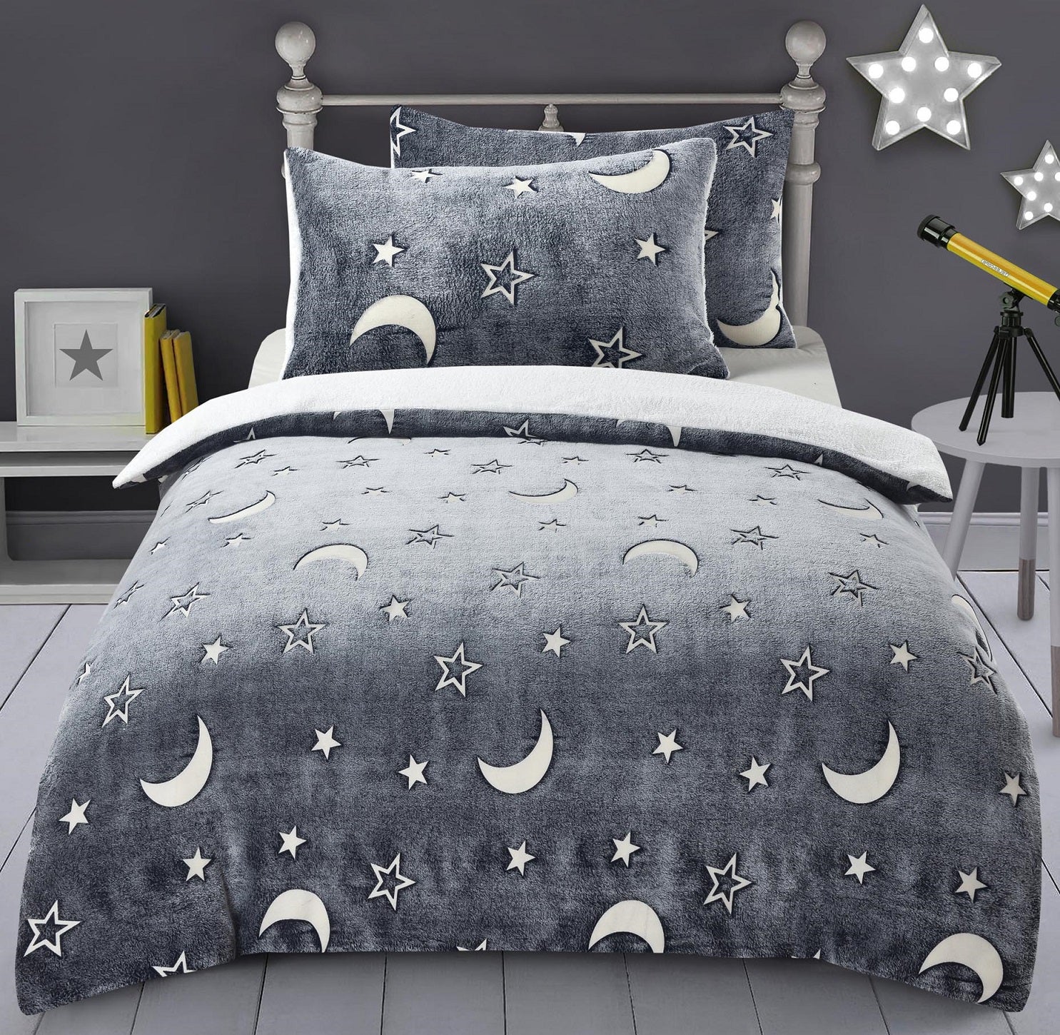 Glow In the Dark Stars Teddy Fleece Duvet Cover Set, Single, Silver Grey
