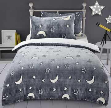 Glow In the Dark Stars Teddy Fleece Duvet Cover Set, Single, Silver Grey
