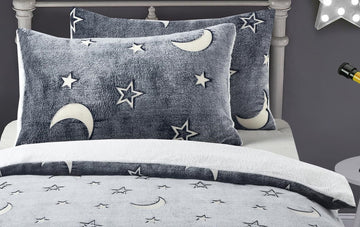 Glow In the Dark Stars Teddy Fleece Duvet Cover Set, Single, Silver Grey