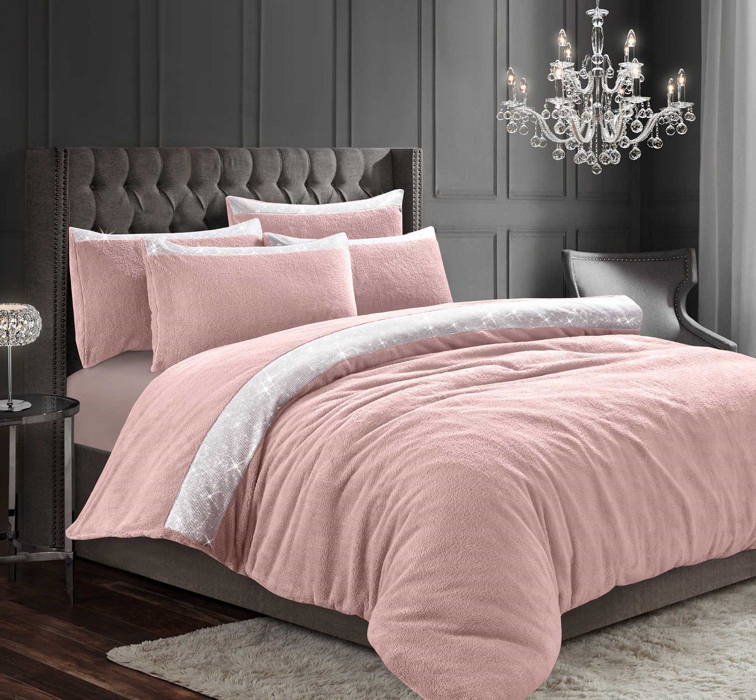 Teddy Diamante Shimmer Duvet Cover Set, Double, Blush Pink