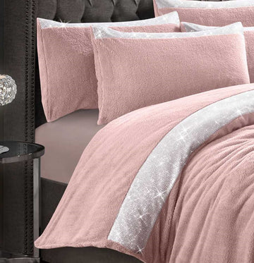 Teddy Diamante Shimmer Duvet Cover Set, Double, Blush Pink