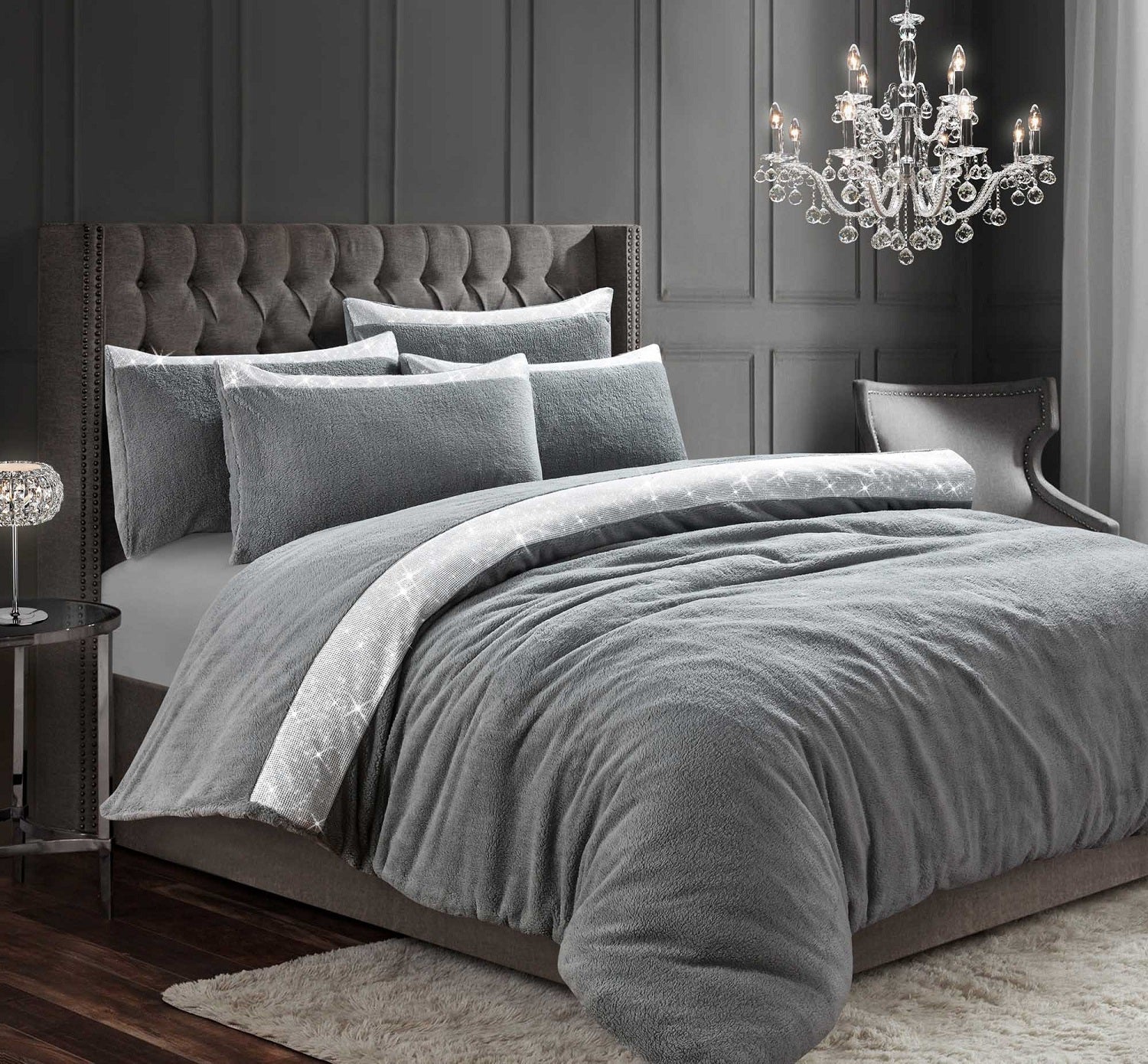 Teddy Diamante Shimmer Duvet Cover Set, King, Silver Grey