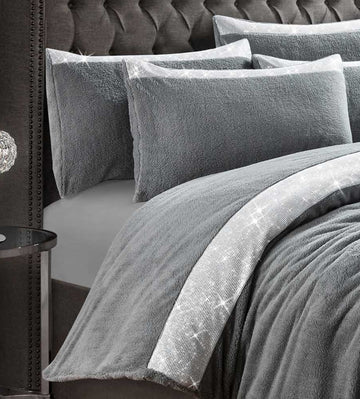 Teddy Diamante Shimmer Duvet Cover Set, Double, Silver Grey