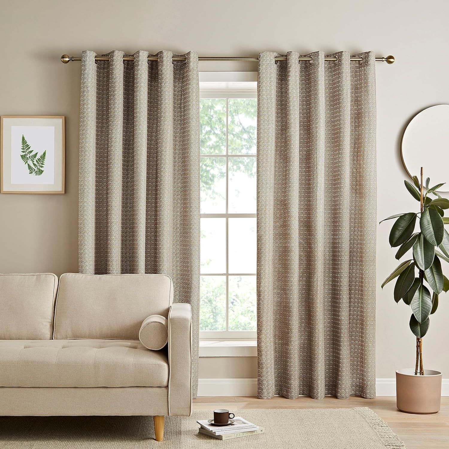 Catherine Lansfield Textured Print Thermal Blackout Curtains Eyelet Top, 46x54", Natural