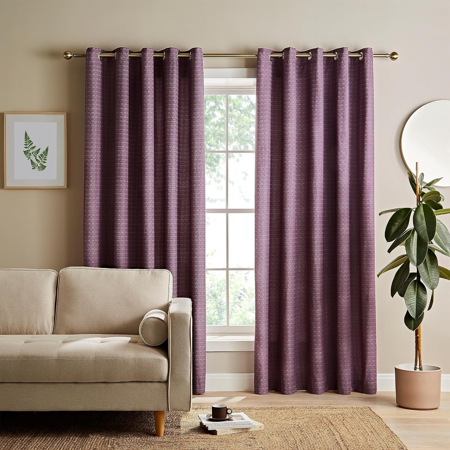 Catherine Lansfield Textured Print Thermal Blackout Curtains Eyelet Top, 46x72", Plum