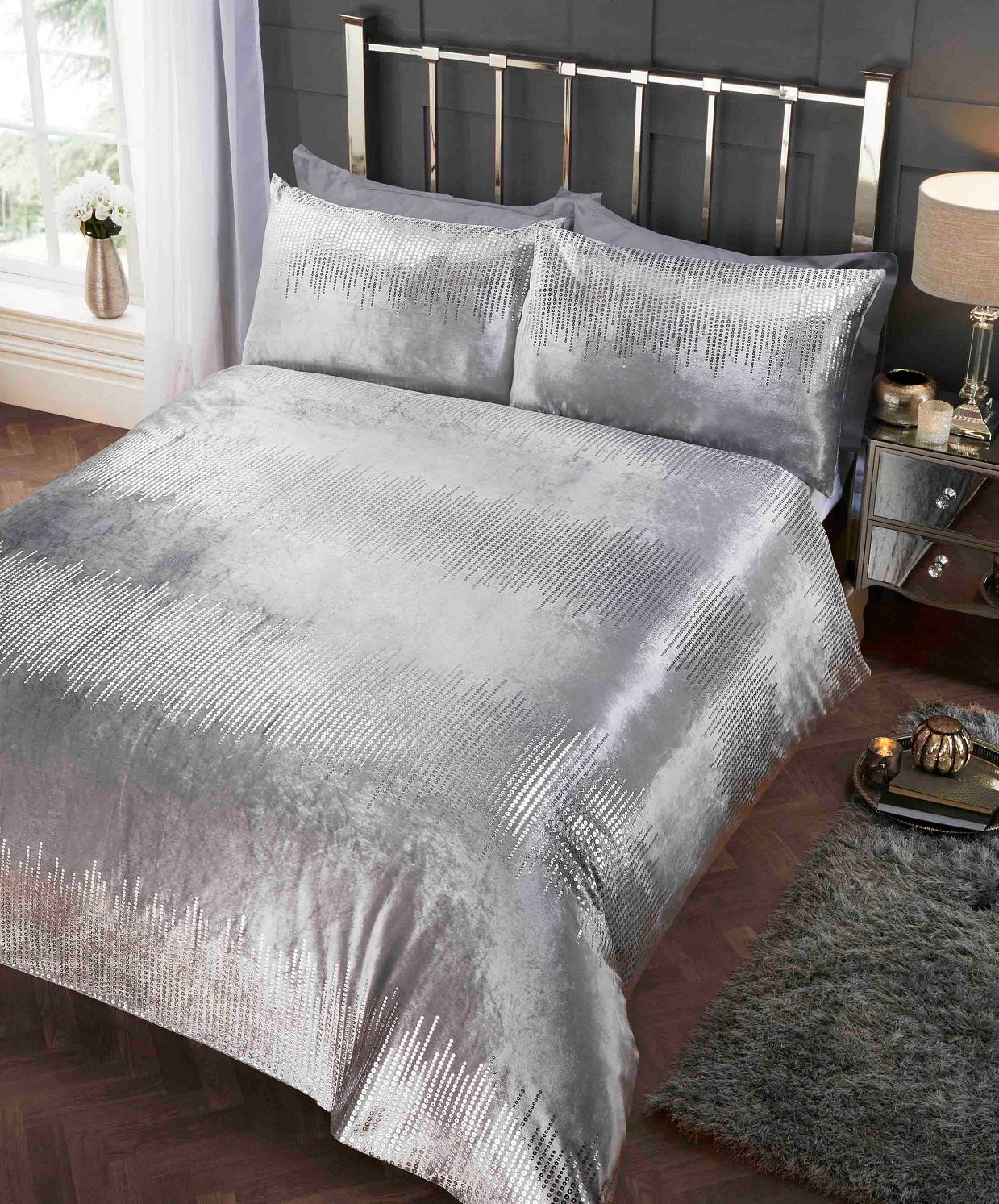 Embellished Velvet Duvet Cover Set Tiffany Silver Grey Single