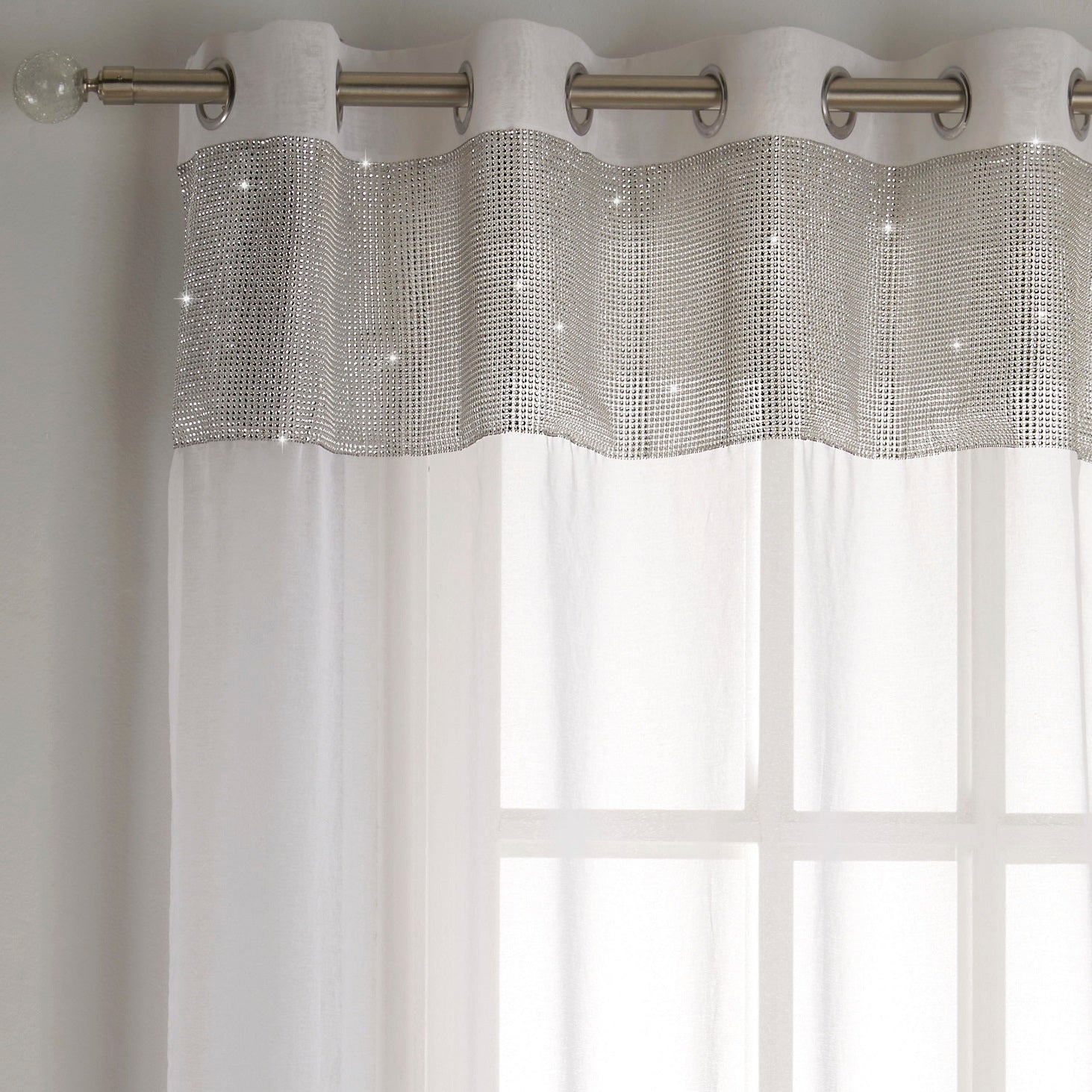 55x90" Tiffany White & Silver Sparkle Voile Net Curtains