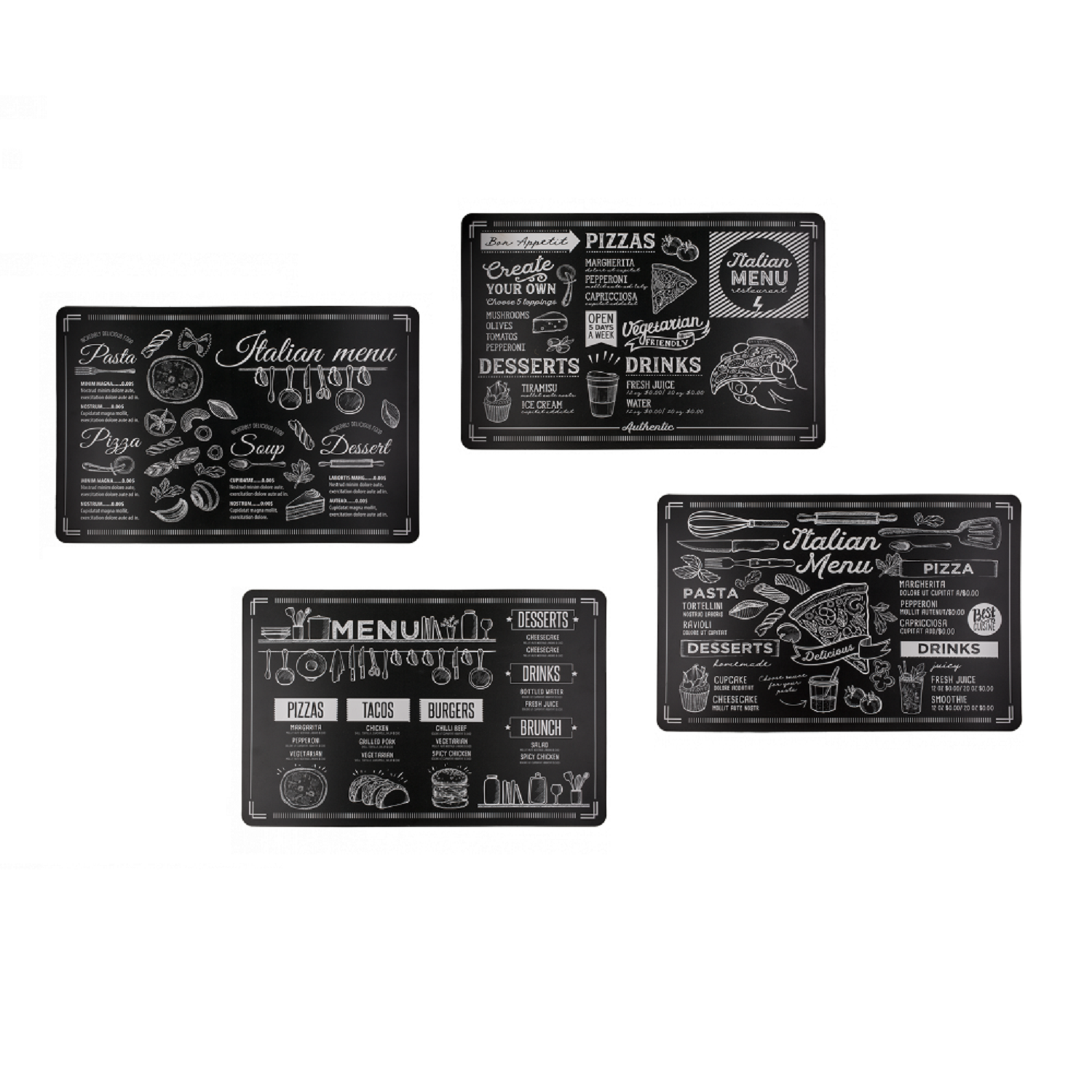 Set of 4 Assorted Food Menu Design Placemats