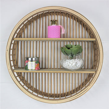 45CM Round Wall Hanging Wood Rattan 2 Tier Storage Unit
