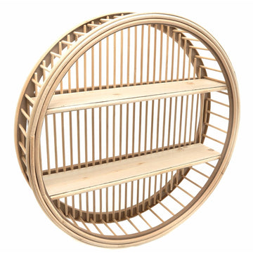 45CM Round Wall Hanging Wood Rattan 2 Tier Storage Unit