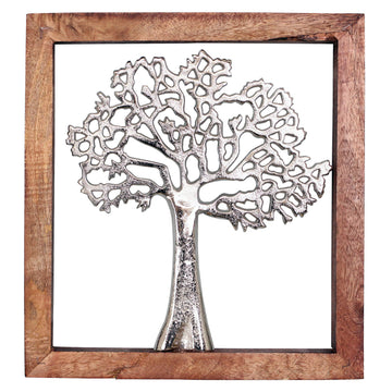 37cm Wooden Frame Silver Tree of Life  Wall Décor