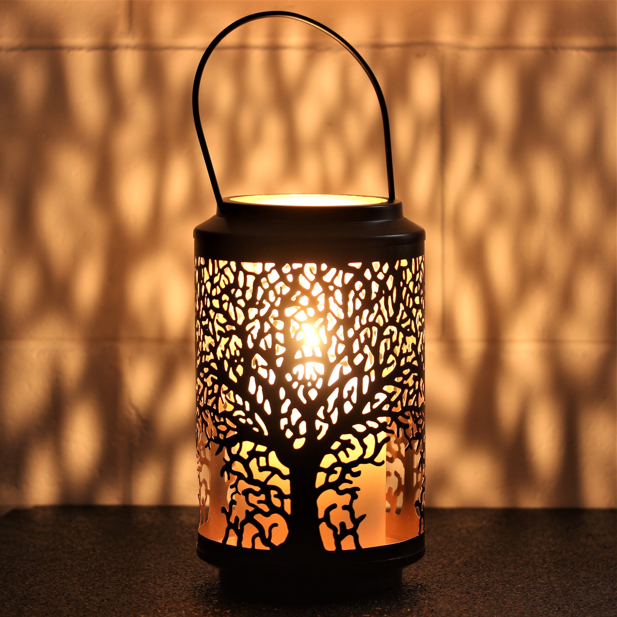 25x15cm Tall Tree of Life Black Candle Holder Lantern