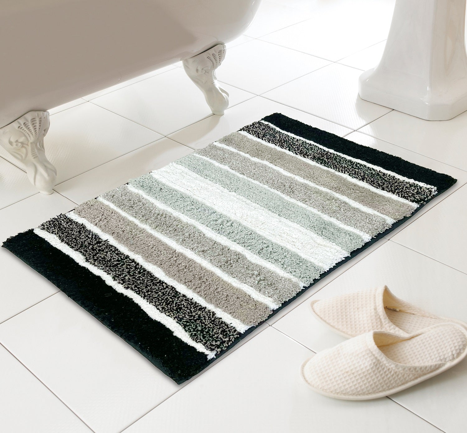 Tonal Stripe 100% Cotton Bath Mat - Grey