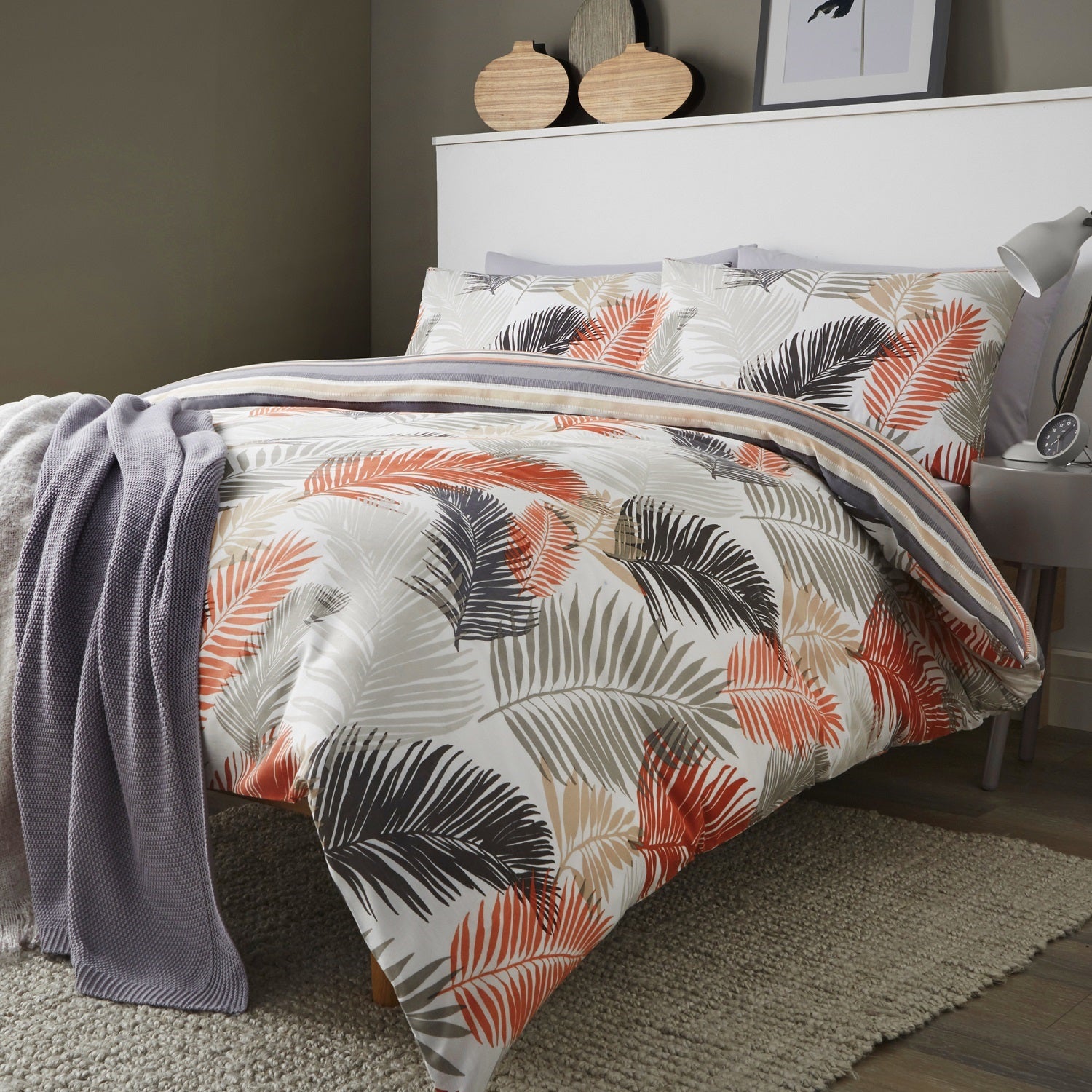 Tropical Leaf Duvet Cover Quilt Double Copper Orange Grey