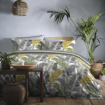 Tropical Leaf Duvet Cover King Ochre Yellow Green Grey