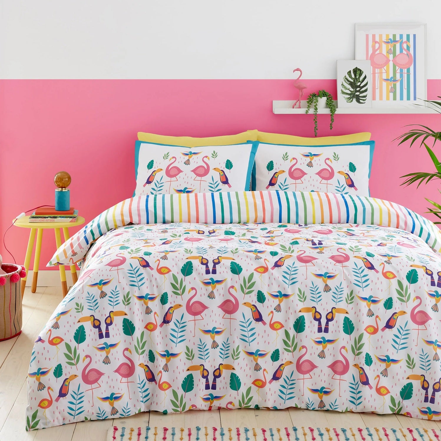 Flamingo Hummingbirds Duvet Cover Set, Single, Pink