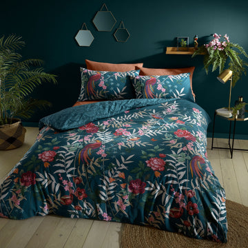 Catherine Lansfield Tropical Floral Bird Duvet Cover Set, King, Teal Green