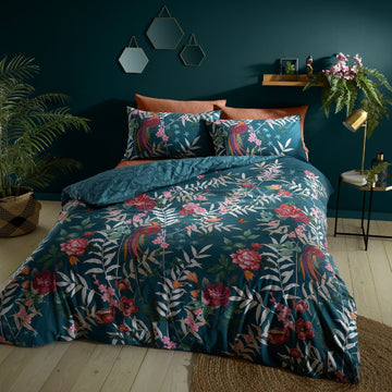 Catherine Lansfield Tropical Floral Bird Duvet Cover Set, Double, Teal Green