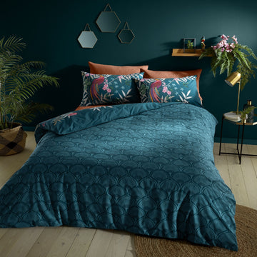 Catherine Lansfield Tropical Floral Bird Duvet Cover Set, Double, Teal Green