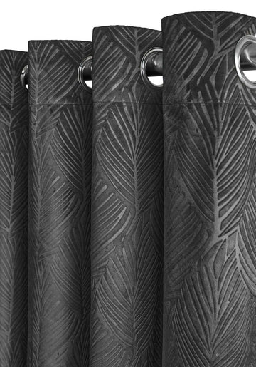 Twilight Leaf Velvet Thermal Blackout Curtains Eyelet Ring Top 46x54" Charcoal