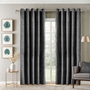 Twilight Leaf Velvet Thermal Blackout Curtains Eyelet Ring Top 66x72" Charcoal
