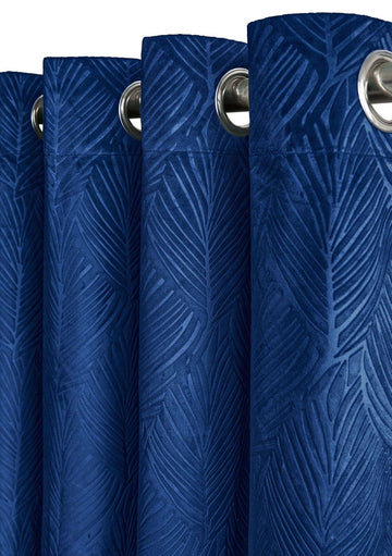 Twilight Leaf Velvet Thermal Blackout Curtains Eyelet Ring Top 90x90" Navy Blue