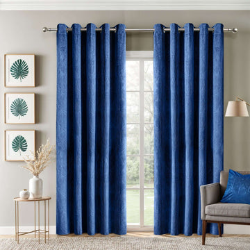Twilight Leaf Velvet Thermal Blackout Curtains Eyelet Ring Top 66x90" Navy Blue