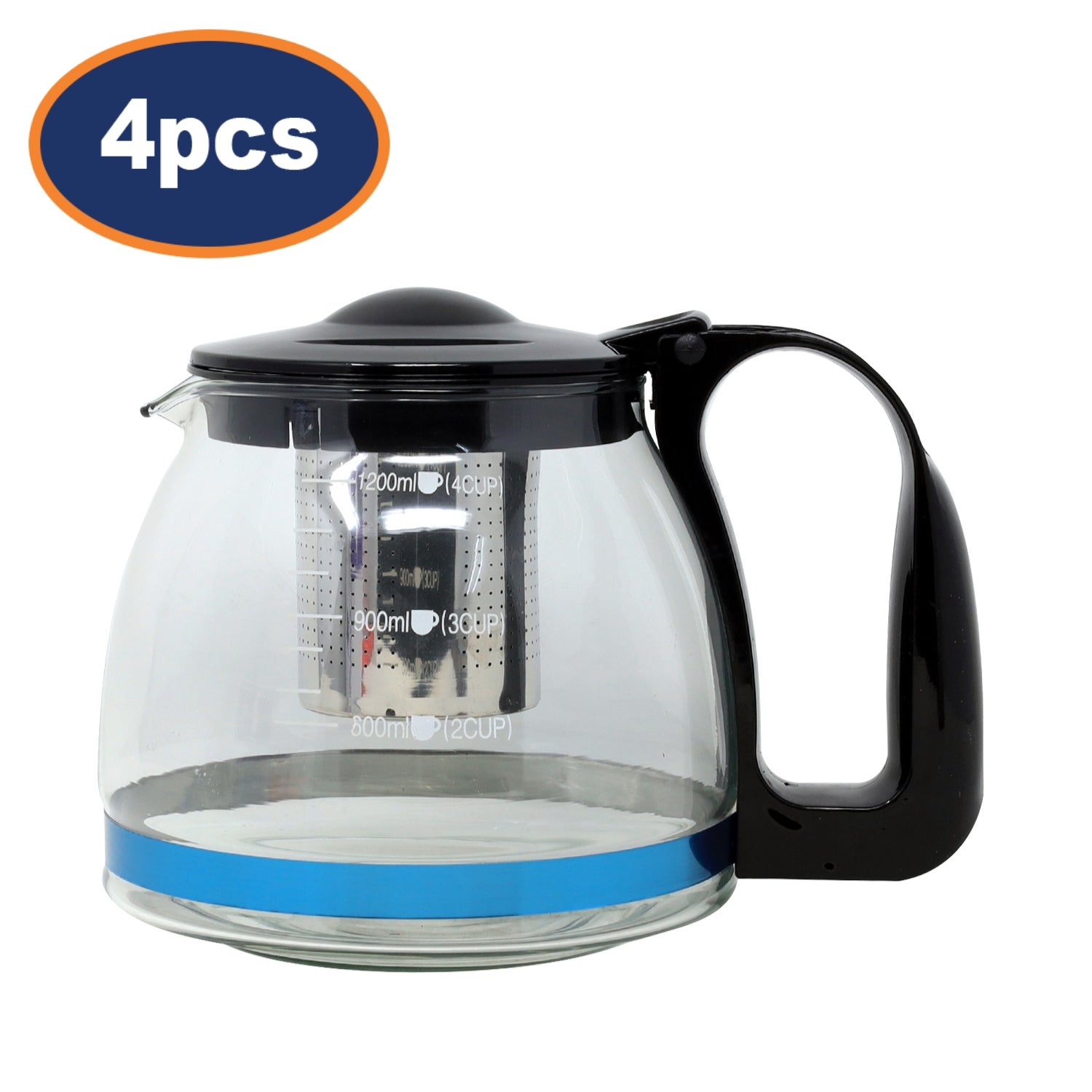 4Pcs 1250ml Glass Teapot with Stainless Steel Infuser & Lid Loose Leaf Black Modern