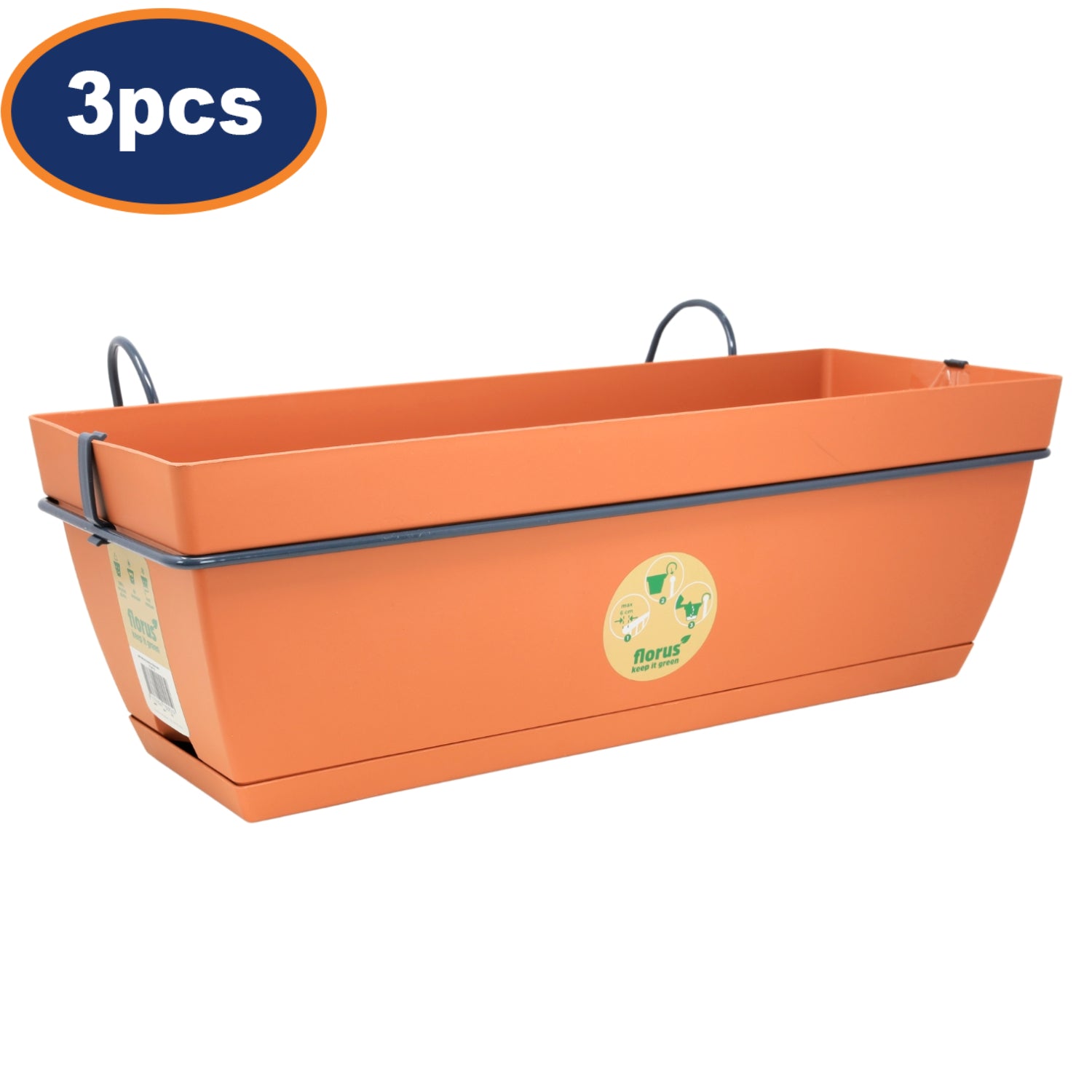 3Pcs Florus 49cm Terracotta Plastic Hanging Trough Planter With Saucer